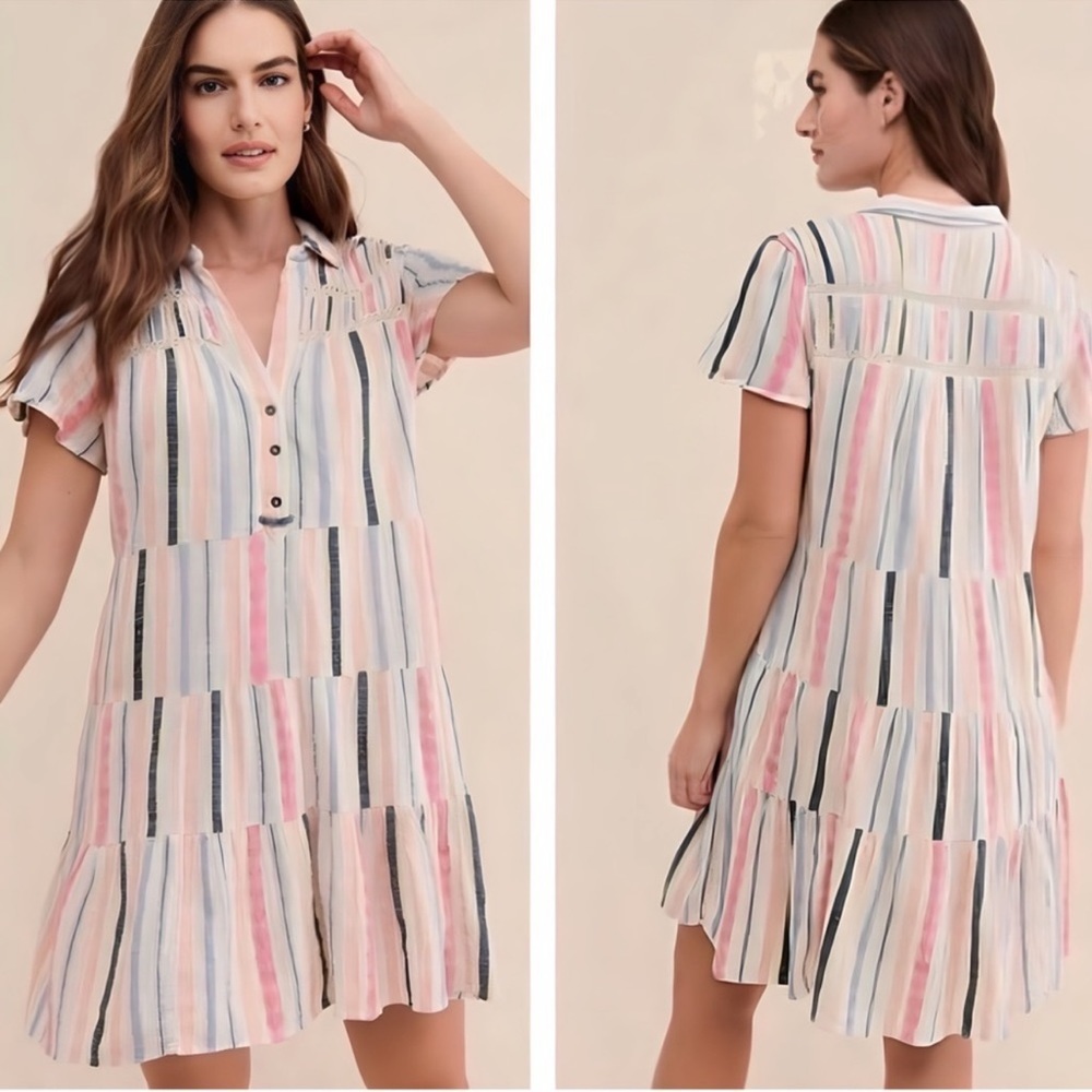 Anthropologie Georgina Tiered Dress Summer Striped Shirtdress Multicolor sz S